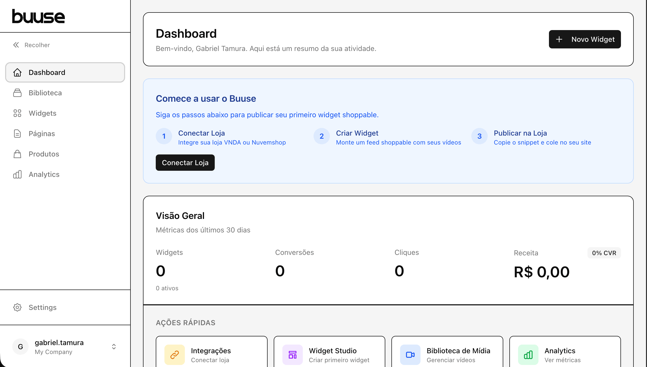 Dashboard do Buuse com onboarding e visão geral