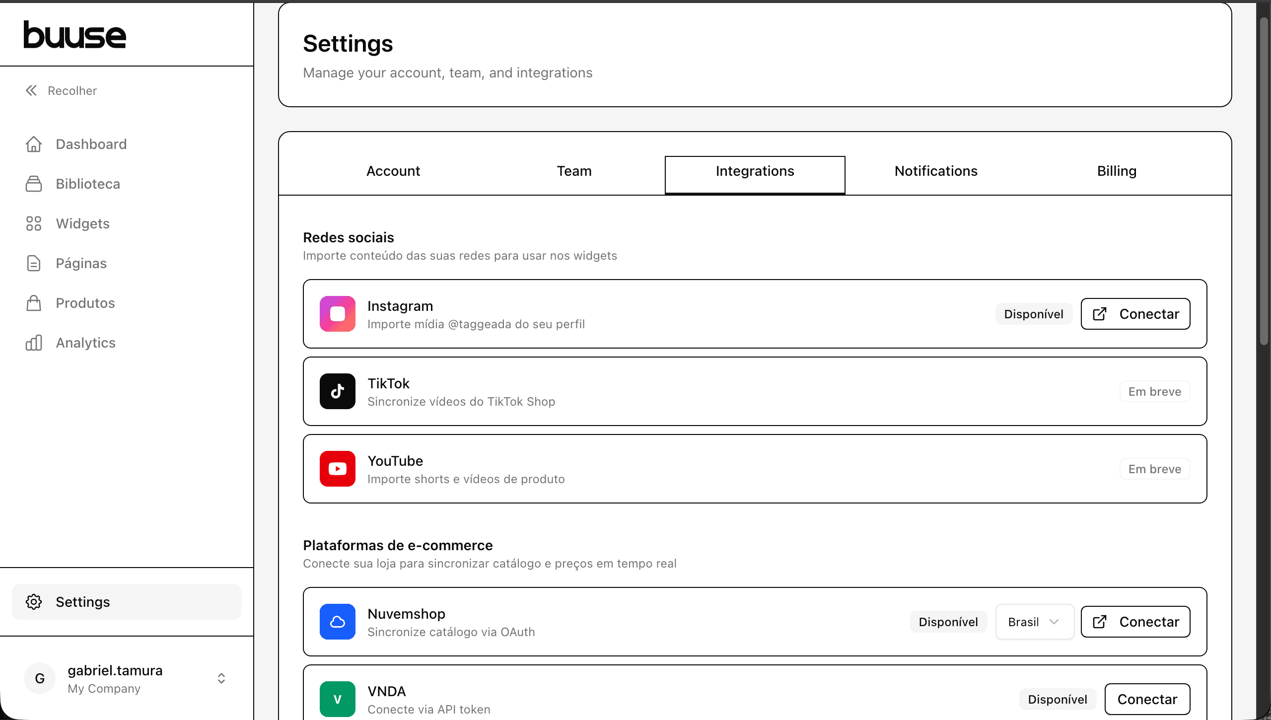 Tela de integrações com Instagram, TikTok, Nuvemshop e VNDA