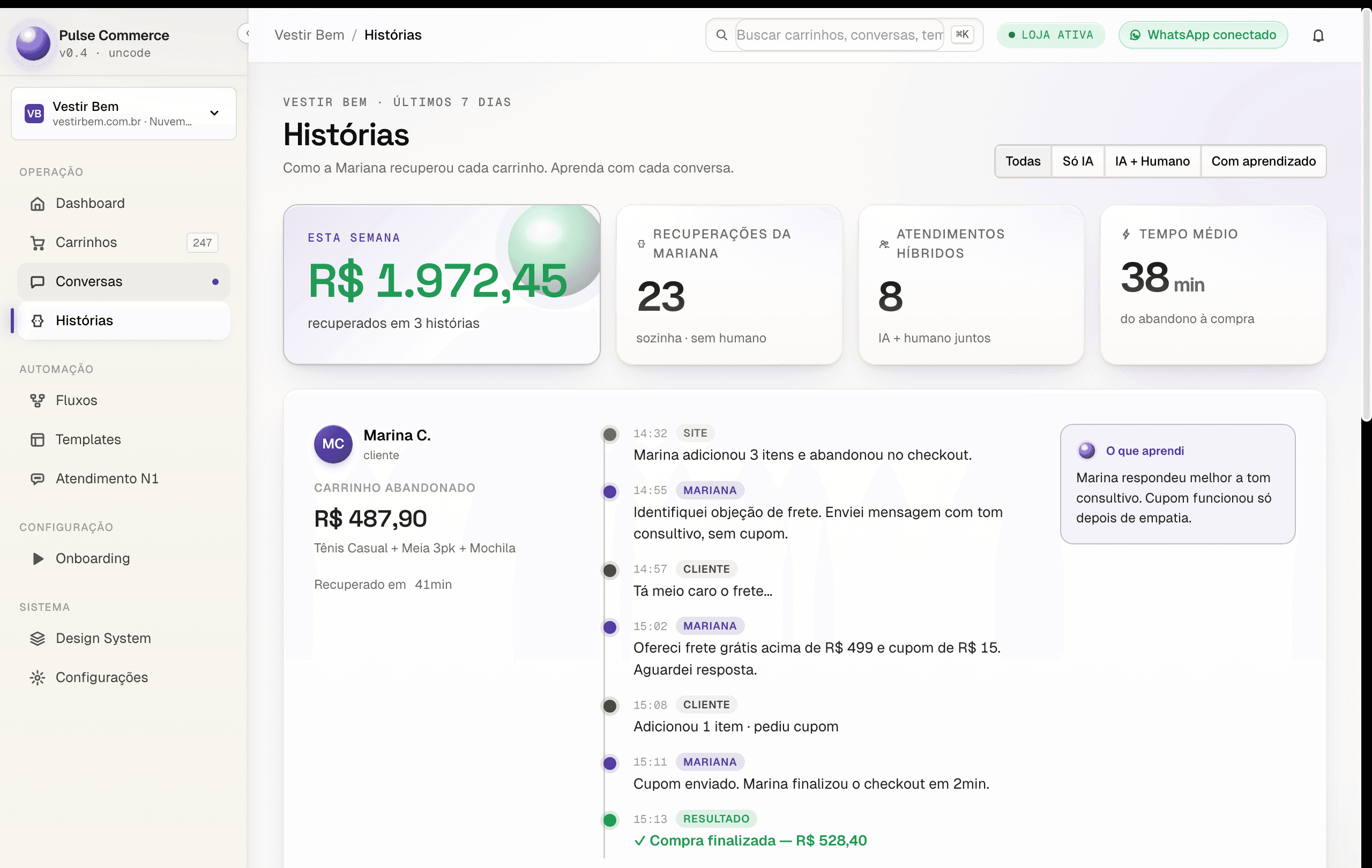 Timeline de recuperação de carrinho com aprendizado