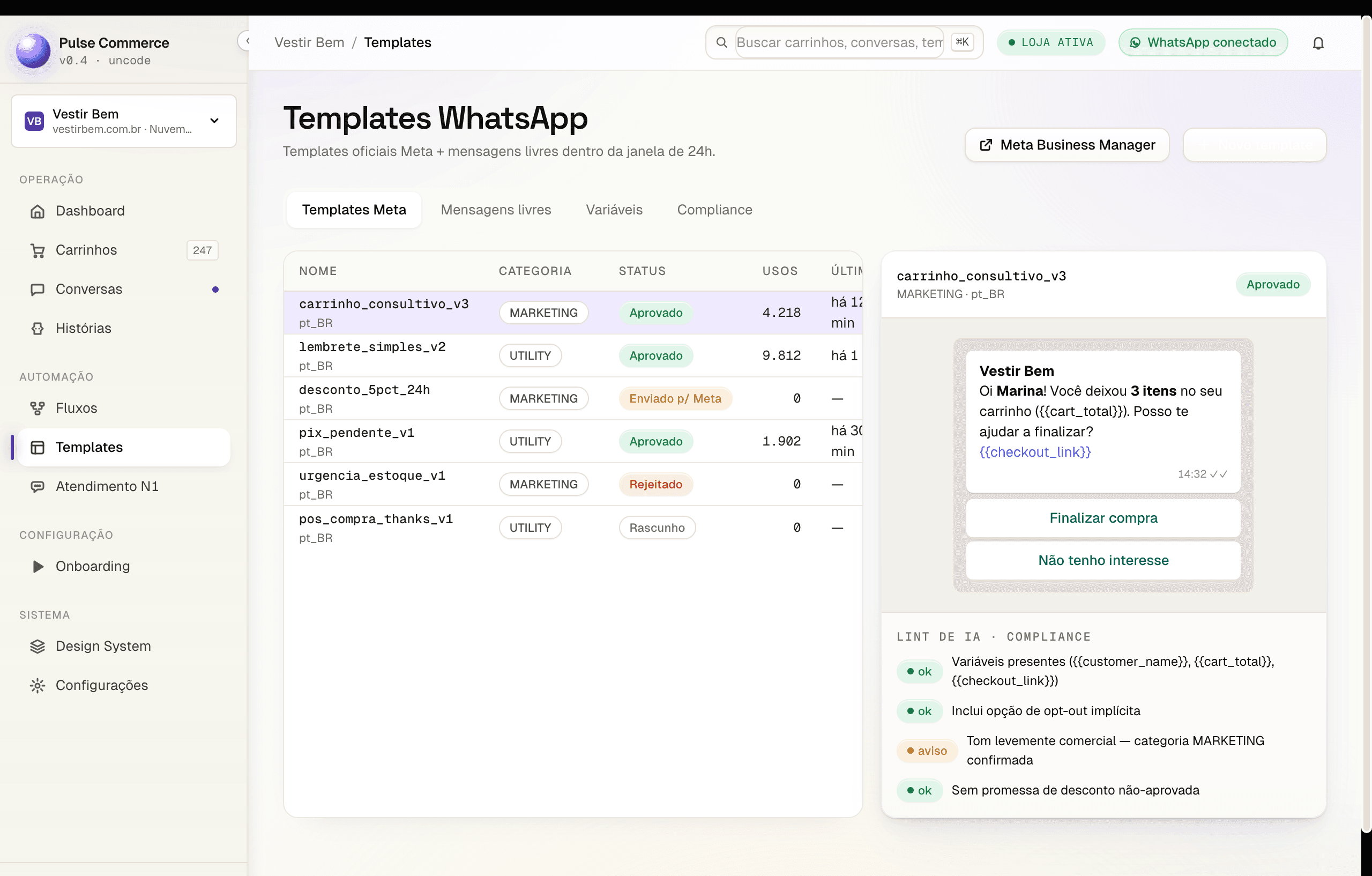 Templates WhatsApp com lint de IA