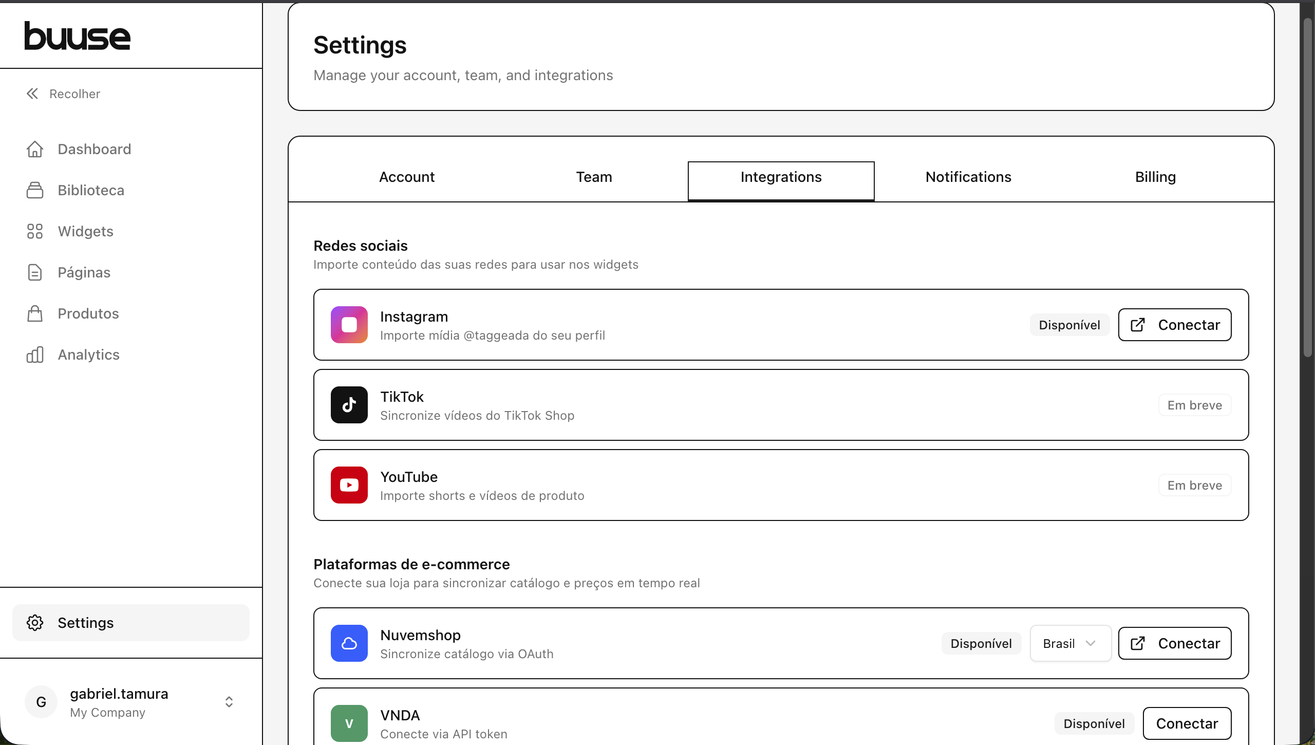 Tela de integrações com Instagram, TikTok, Nuvemshop e VNDA