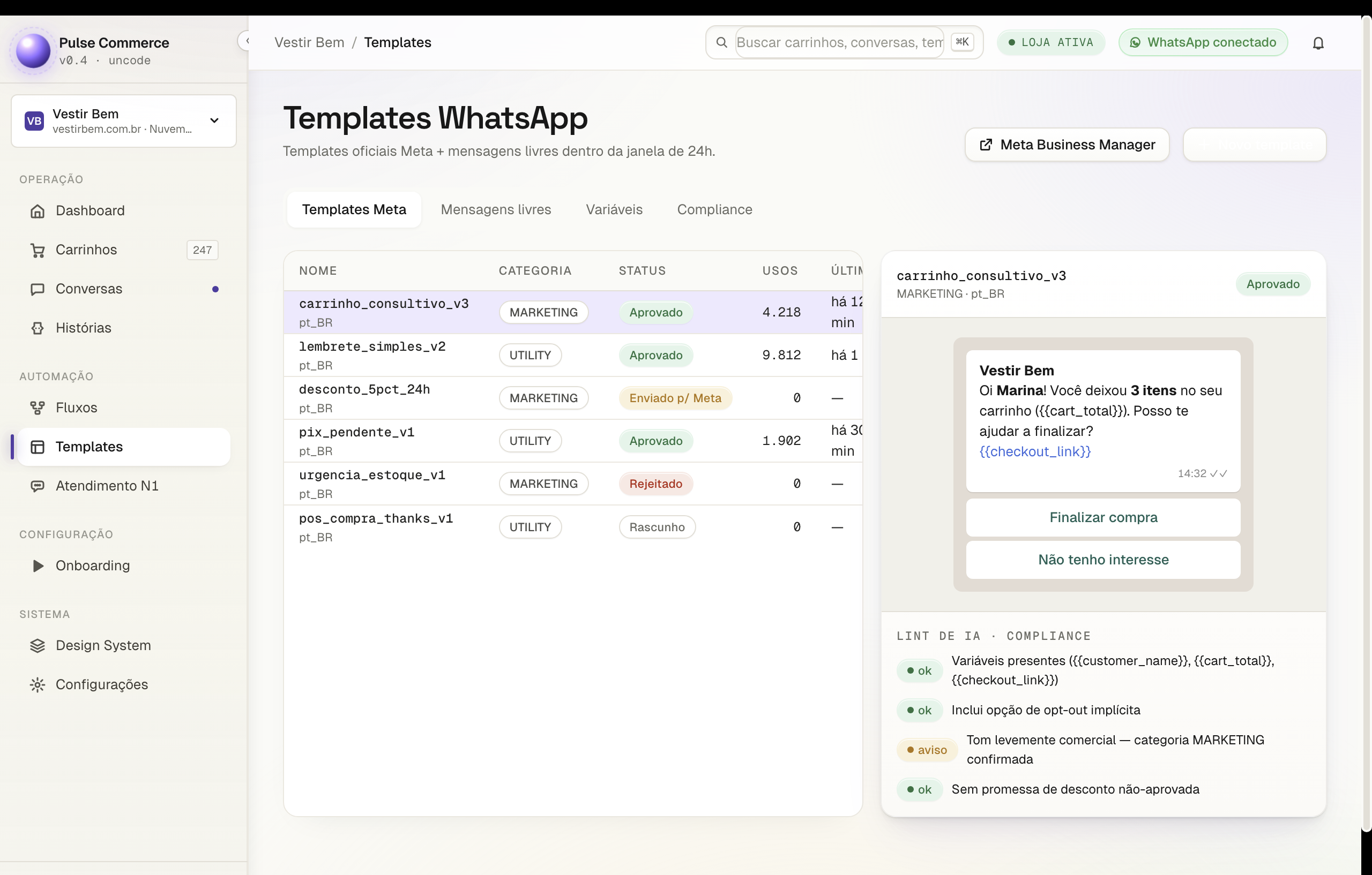 Templates WhatsApp com lint de IA